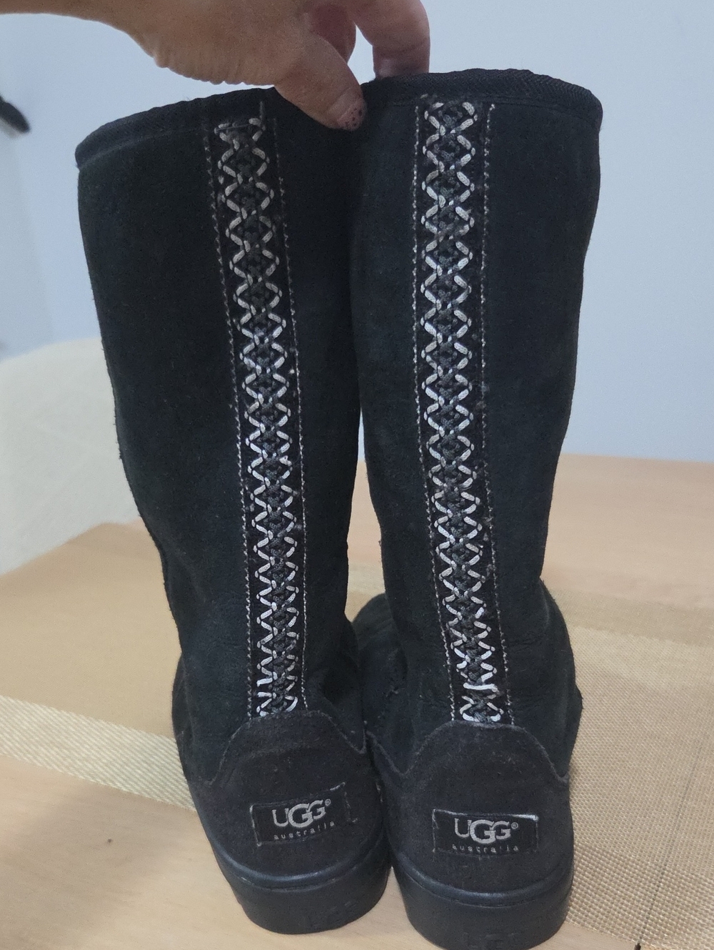 UGG Black Suede Mid-Calf Boots with Braided Back Detail